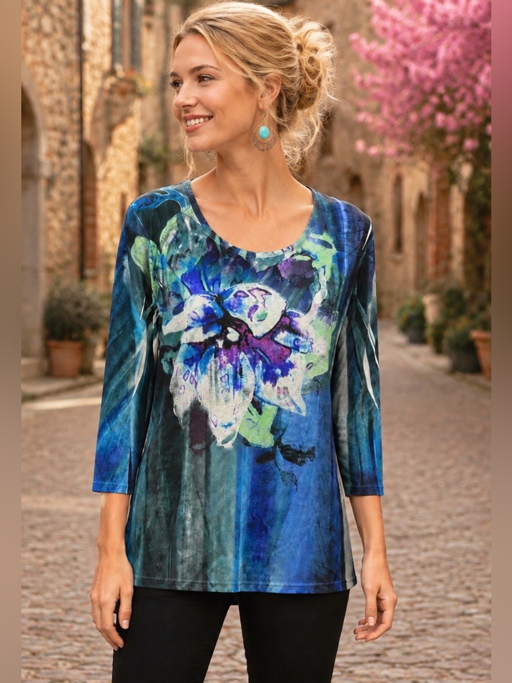 Coldwater Creek Blue Abstract Floral Art Print Tunic Top Large